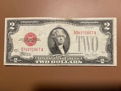 1928 $2 Dollars CIR Banknote. Single Two Dollars Circulated Red Bill. 2 Dollars • $16.48