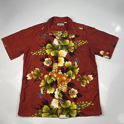 Vintage 1960s Pennys Hawaii Red Floral Hawaiian Button Up Shirt Men's Medium • $34.99