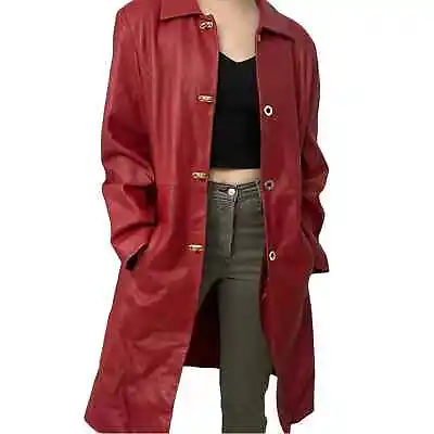 Vintage Leather Trench Coat Jacket Red Casual Winter Women’s Size Medium • $115