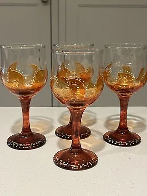 Hand Painted Wine Glasses X 4 Gold Highlights Orange/ Red - Romanian Glass • £18