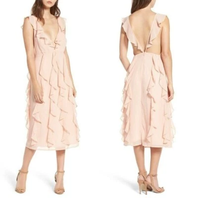 $39.99 • Buy NW AFRM Peach CAMEO ROSE Ingrid RUFFLE Chiffon PLUNGING Neck & Back Midi DRESS M