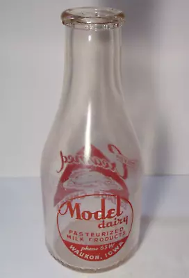 1949 Vtg Model Dairy Pyroglaze MILK BOTTLE Waukon Iowa Cottage Cheese Graphic IA • $23.79