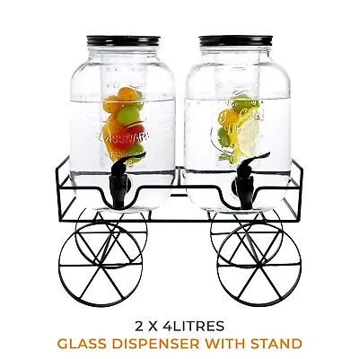 2x4 Litres Dual Double Glass Beverage Drinks Dispenser Screw Lid Jugs Tap Stand • £26.85