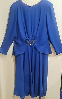 VINTAGE MISS ELLIETTE Sz 16 DRESSY PARTY CHURCH DRESS ~ BLUE W/BEADED TRIM ~ EUC • $14.99