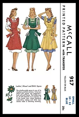 McCall # 917 Bib APRON Pattern 1940's Small Or Medium  COPY • $6.99