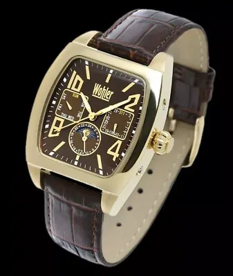 WOHLER Jonas Mens 20 Jewel Auto Wind Watch Used Gold Tone BN Leather Band • $79