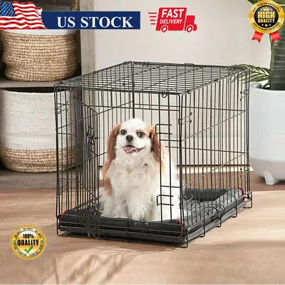 Folding Dog Crate Single-Door Pet Cage Metal Wire W/ Divider Tray Small Kennel • $27.50