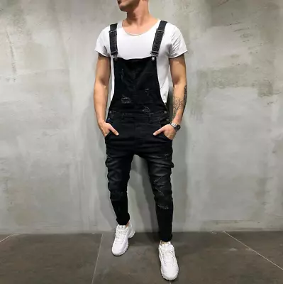 Men Distressed Denim Skinny Jean Jumpsuits Overalls Suspender Trousers Bib Pants • $29.99