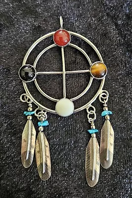 Sterling Silver Native American Medicine Wheel Pendant W/ Gemstones And Feathers • $179.95