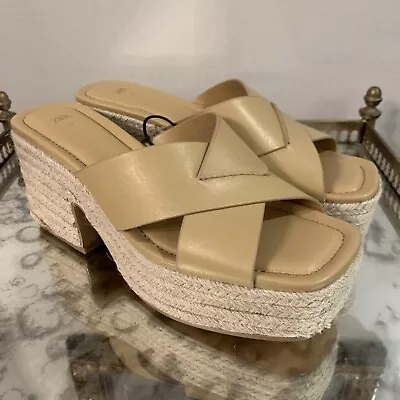 Zara Shoes Womens 37 Tan Platform Sandals Espadrille Mules Leather • $30