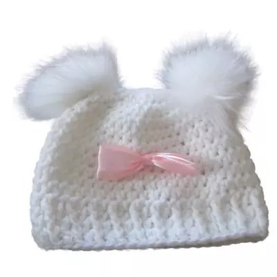 Crochet Knitted Winter Beanie Hat Girls Infant 7  Across White Pink Bow Pull On • $12.95