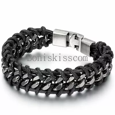 Black Braided Leather Silver Stainless Steel Cuban Chain Men's Bracelet Bangle • $9.99