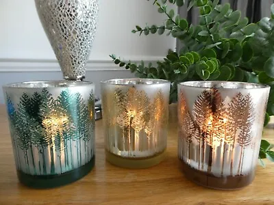 £12.95 • Buy 3 Votive Candle Holders  'winter Forest Glow' Scene Glass Tea Light Holders New!