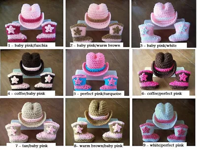 $22.99 • Buy COWBOY COWGIRL Newborn Baby HAT And BOOTS Set Brown Crochet 0-3  Mo PHOTO PROP