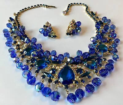 Vintage Juliana D & E Blue Navette Rhinestone & Glass Bead Necklace & Earrings • $1499