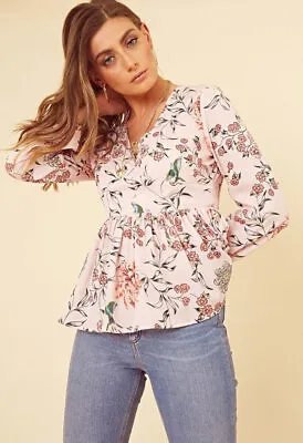 Womens Pink Floral Button Detail Peplum Hem Tea Blouse Day V Neck Top • £12.99