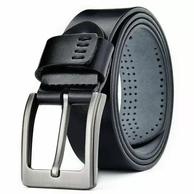 100% Genuine Mens Leather Belts Pin Buckle Trouser Sizes Black Jeans US Stock • $12.95