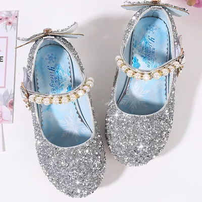 Girl's Shoes Low Heel Sparkling Glitter Silver Flower Girls Party Wedding Dress • $39