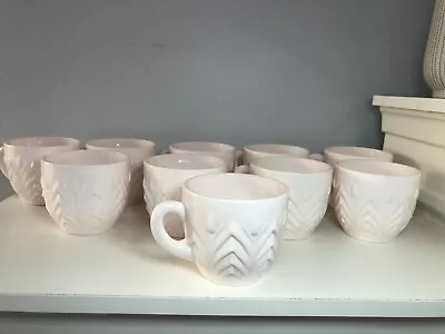 50s Jeanette Feather Pattern Shell Pink Milk Glass Cups 10pc • $65