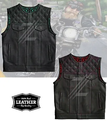 Men's Bikers Cowhide Leather Vest Diamond Quilted Paisley Motorcycle Club Vest • $162