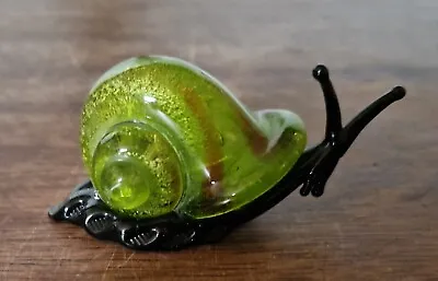 Vintage Murano Style Hand Blown Glass Small Snail Figurine Green & Black • £14.99