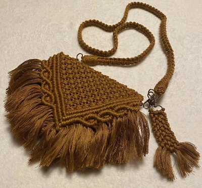 £23.84 • Buy Boho Macrame Crossbody Purse Fringe Flap Brown Orange Hippie Handmade Unique