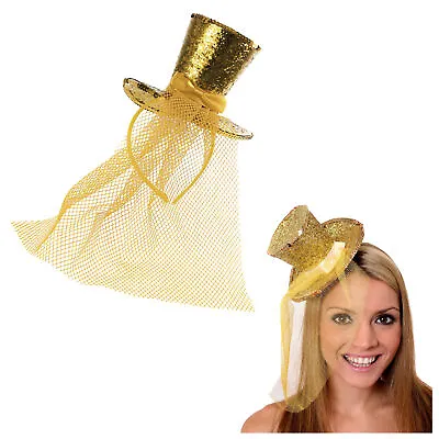 Gold Mini Glitter Top Hat Headband Veil Ladies Burlesque Party Fancy Dress • £6.99