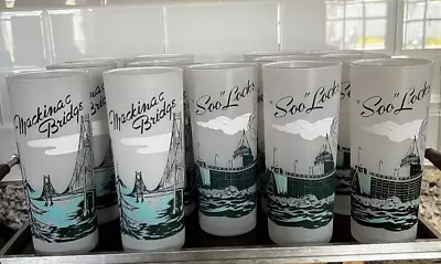 Mackinac Bridge & Soo Locks Set Of 13 Vintage Frosted Glasses Souvenir Tumblers • $120