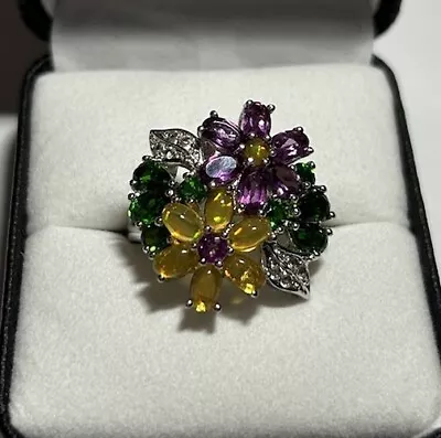 Sterling FLOWER Jelly Opal Rhodolite Garnet & Moldavite Gemstones Size 8 Ring • $84
