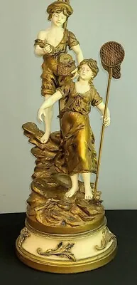 Art Nouveau Francaise L & F Moreau Fisherman & Woman Figural Spelter 39  Lamp • $299.99