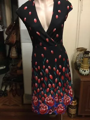 SUPERSTITION Rockabilly Rock N Roll Style Dress BNWT Black Red Tulips S • $40