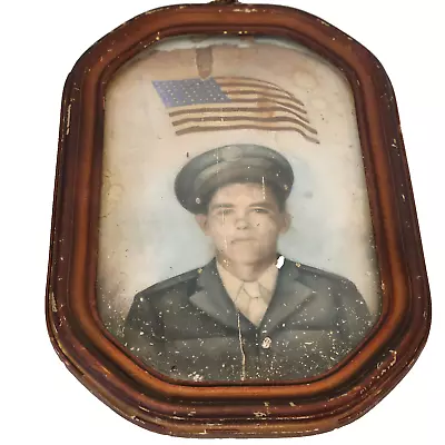 Bubble Glass Oval Frame Military Photograph Young Man 48 Star US Flag 12x18 OOAC • $150