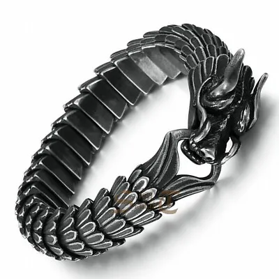 $24.69 • Buy Men Dragon Link Chain Bracelet Vintage Old Gun Metal Finishing Spring Hook Clasp