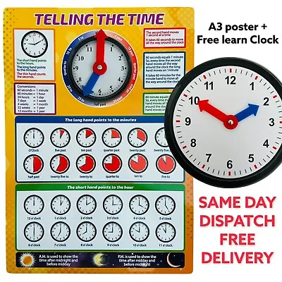 £8.99 • Buy Kids Learning Clock A3 Size Poster With Plastic Hands Sameday Dispatch Free Deli
