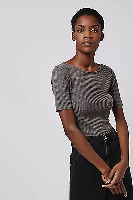 £20.58 • Buy Nwot Topshop Womens Gray Ribbed Slash Crop Skinny Raw Edge Tee Shirt Size 8