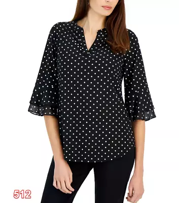 Kasper Women's Printed ITY Flutter Split Neck Tunic Black/Vanilla ICE 3X • $48.30