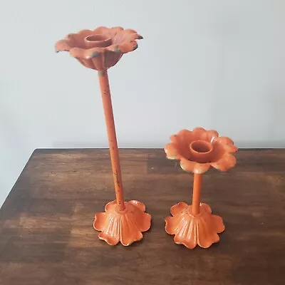 Set Of 2 Distressed Orange Metal Candlestick Holders 10  & 5.25  Flower Shape • $15