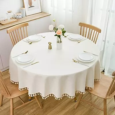 Round Tablecloth Cotton Linen Tassel Table Cover For Kitchen Dinner Table Dec... • $30