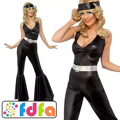 Smiffys 1970's 70s Black Diva Catsuit Adults Ladies Fancy Dress Costume • £27.99