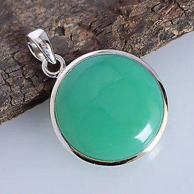 Sterling Silver Chrysoprase Gemstone Round Pendant Vintage Jewelry THANKSGIVING • $127.50