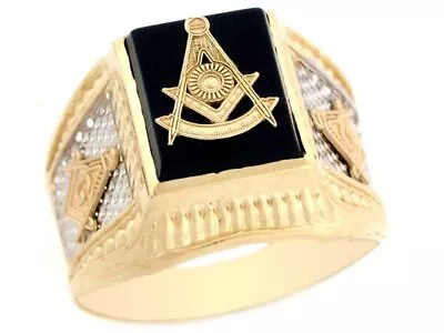 10k Or 14k Two Tone Real Gold Past Master Freemason Masonic Onyx Mens Ring • $369.99