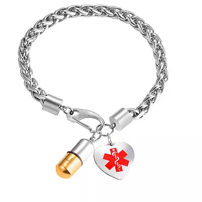 Men Pill Shape Pendant Charm Medical Alert Bracelet Stainless Steel Wheat Chain • $12.99