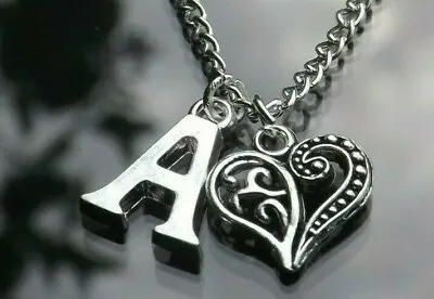 £3.99 • Buy Handmade Initial Necklace With Filigree Heart Pendant & Silver Plated Letter