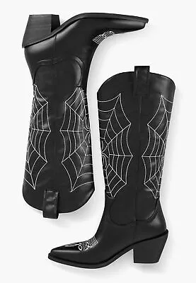 Onlymaker Embroidery Spider Webs Mid-Calf Boots Western Cowgirl Cowboy Boots • $89.99