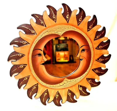 Wall Decor Mirror Beautiful Nice Gift Painted Carved Round Sun Moon Brown Orange • $55