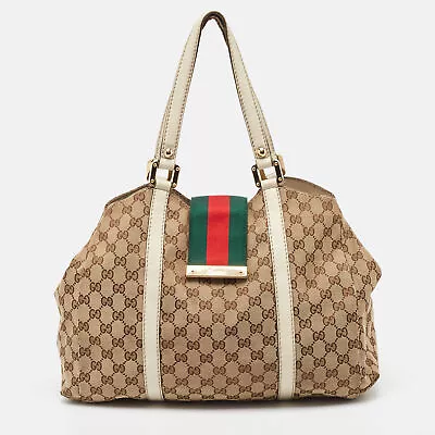 Gucci Beige/White GG Canvas And Leather Large New Ladies Web Hobo • $551.25