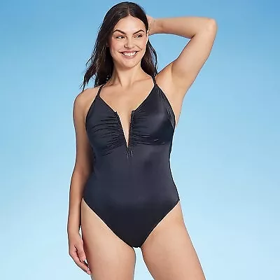 Women's Shirred V-Wire Plunge One Piece Swimsuit - Shade & Shore Gray L • $7.99