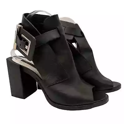 Zara Women's Black Leather Open Toe Ankle Buckle Heels Size 37 / 6.5 • $39