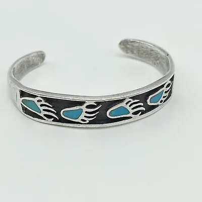 Vintage Hopi Indian Silver Flush Turquoise Bear Paws Cuff Bracelet • $115.98
