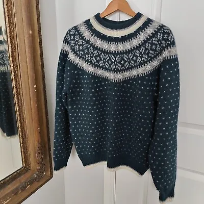 Vtg Lodge Sweater Adult XL Green White 100% Wool Knit Nordic Fair Isle Icelandic • $39.99